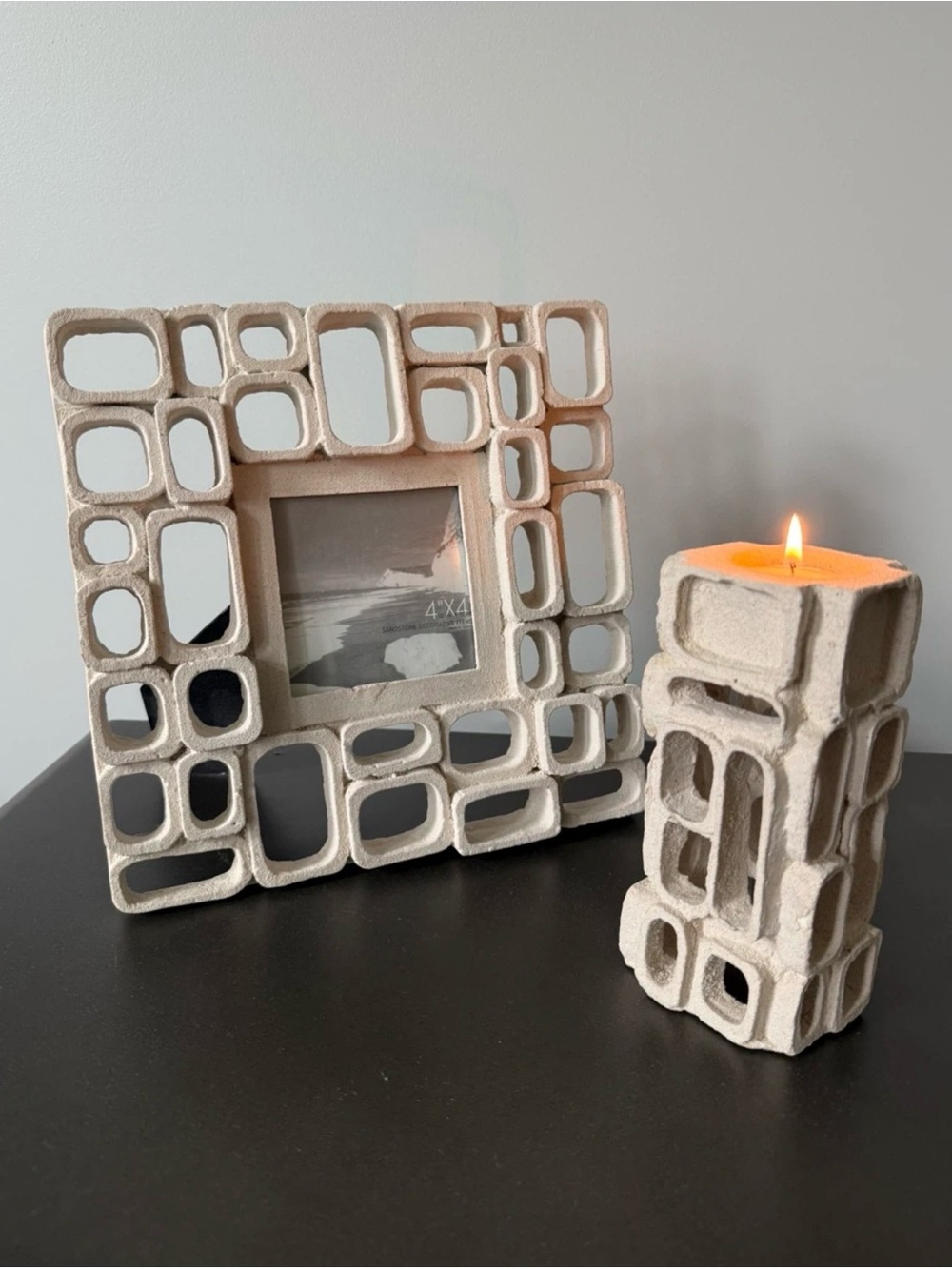 Neutral Geometric Ceramic Photo Frame and Candle Holder Set